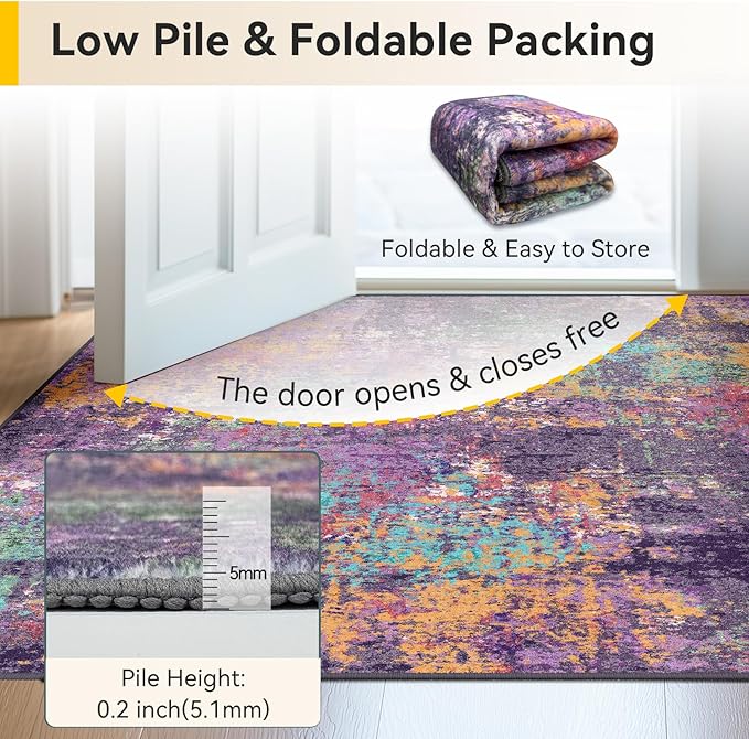 Washable Area Rugs 4ft Non-Slip Modern Abstract Soft for Living Room Entryway Bedroom Nursery, Print Pattern, Purple Orange Blue Green Rust Red Colorful