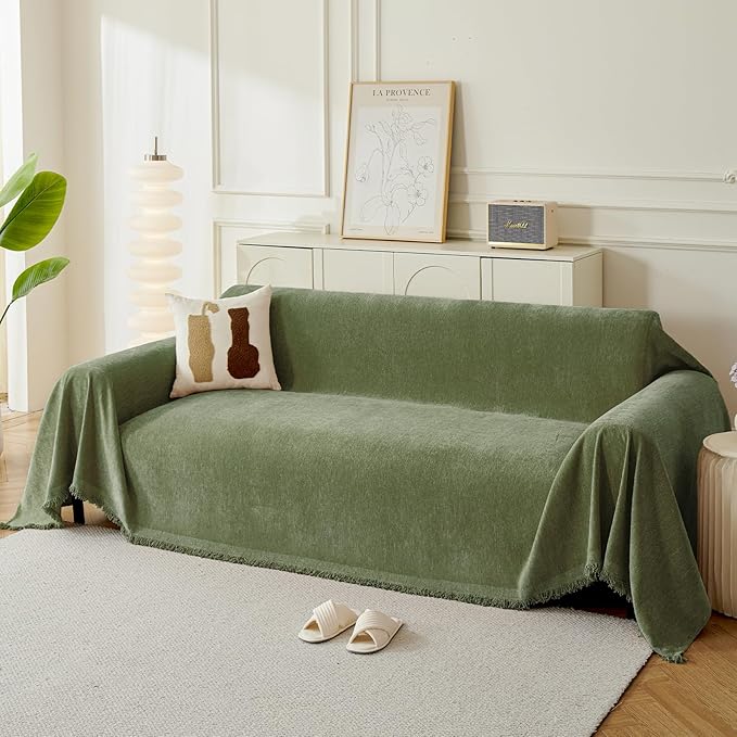 Couch Cover for Dogs, Boho Sofa Covers for 3 Cushion Couch, Chenille Sofa Slipcover for Pets Washable, L-Shape Sectional Couch Loveseat Cover Soft Throw Blankets with Tassels(91x134,Green)