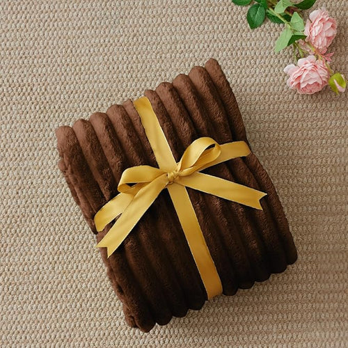 BEDELITE Fleece Throw Blanket for Couch - 300GSM Soft & Warm Fluffy Chotolate Brown Blanket, Decorative and Giftable Striped Blankets for Women, Men, 50"x60"