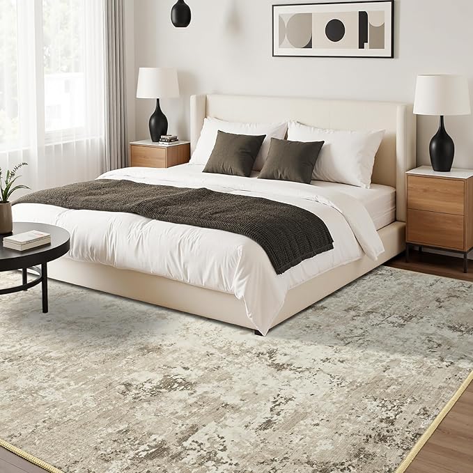 Toneed Abstract Area Rug 7x10 Modern Washable Rug Soft Non Slip Rug Low Pile for Bedroom Living Room Dining Room Beige