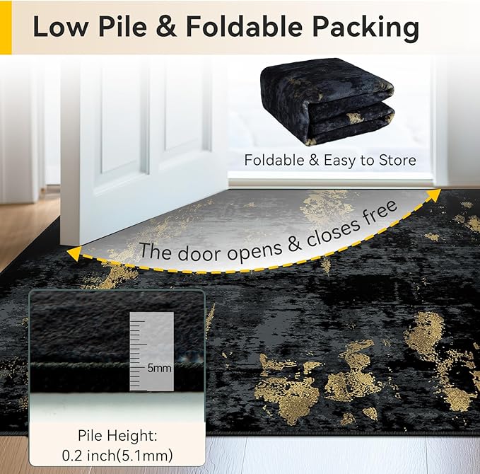 Washable Area Rugs 4'x6' Non-Slip Modern Abstract Soft for Living Room Entryway Bedroom Nursery, Print Pattern, Dark Black Gold