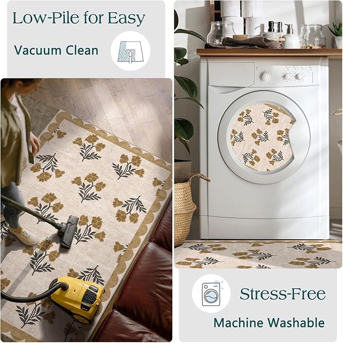 3x5 Floral Entry Rug - Small Washable Indoor Outdoor Mats for Front Door Non-Slip Porch Rug Beige Vintage Farmhouse Throw Rugs for Living Room Bedroom Entryway Kitchen Office Porch Decor