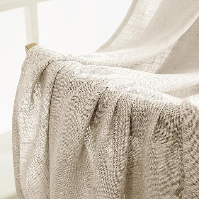 MIULEE Beige Linen Curtains 90 Inch Long 2 Panels for Bedroom Living Room, Soft Linen Textured Window Drapes Semi Sheer Light Filtering Back Tab Rod Pocket Farmhouse Modern Burlap Look Decor