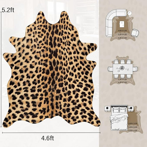 AROGAN Premium Leopard Print Rug 4.6x5.2 Feet, Machine Washable Faux Fur Cheetah Rug, Non-Slip Animal Print Hide Leopard Skin Area Rug for Bedroom Living Room Home Decor