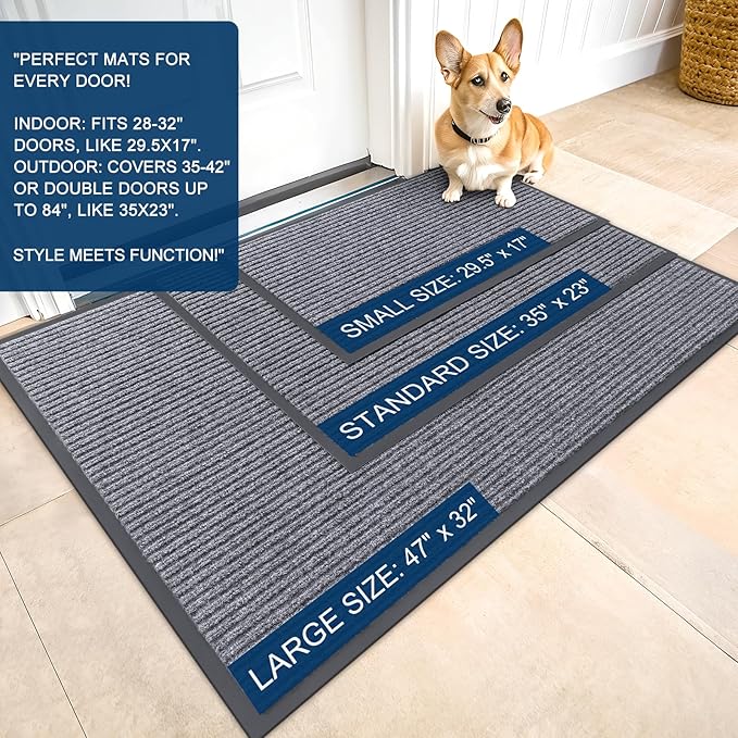 OLANLY Front Door Mat Indoor Outdoor Entrance, 2-Pack 35 x 23 Inch, Waterproof Heavy Duty Doormat, Fade Resistant, Low Profile, Easy Clean Patio Porch Welcome Floor Mats for Entry, Light Gray