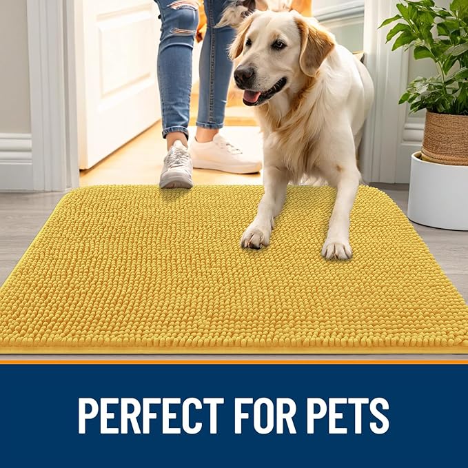 OLANLY Dog Door Mat for Muddy Paws 70x32, Absorbs Moisture and Dirt, Absorbent Non-Slip Washable Doormat, Quick Dry Chenille Mud Mat for Dogs, Entry Indoor Entryway Carpet for Inside Floor, Yellow