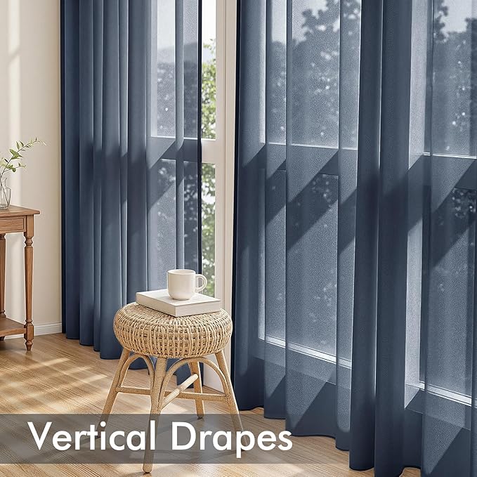 MIULEE Navy Blue Sheer Curtains 96 Inches Long, 4 Panels Set, Light Filtering Rod Pocket Voile Drapes Window Treatments, Semi Transparent Airy Fabric for Bedroom and Living Room, 42 x 96 Inches