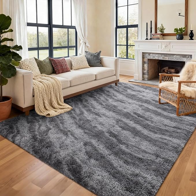 Area Rugs for Living Room, Tie-Dyed 5x7 Feet Soft Fluffy Shagg Plush Rug High Pile Large Indoor Modern Non-Slip Floor Carpet for Bedroom Nursery Kids Home Room Dorm Decor Aesthetic Grey