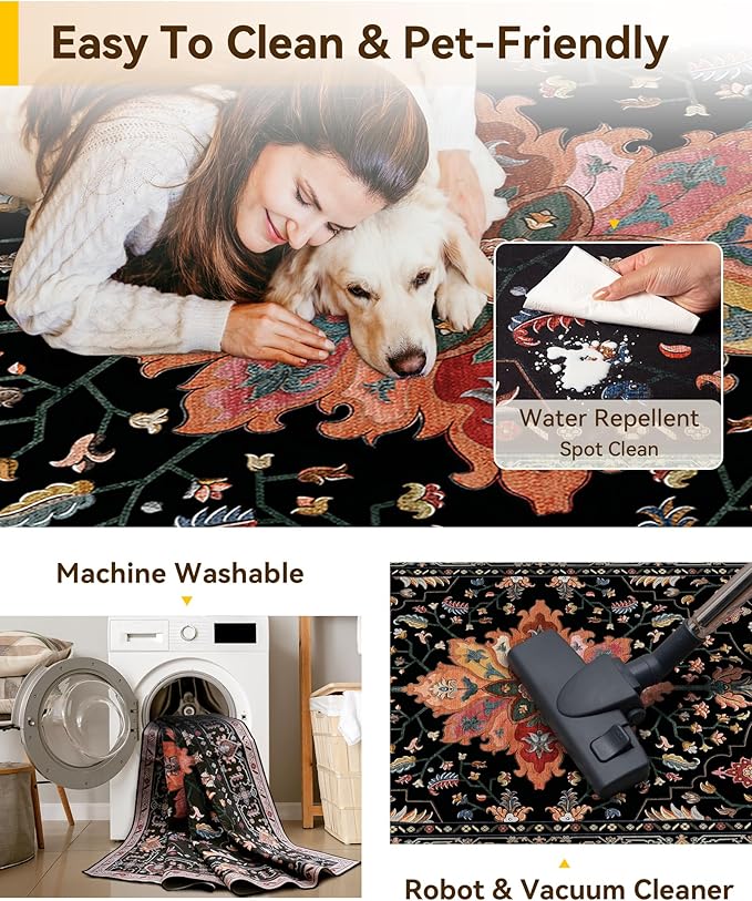 Area Rugs 4'x6' Washable Non-Slip, Floral Vintage Distress Print Pattern Medallion Carpet for Living Room Bedroom Dining Room, Black Colorful Floral Dark Tan