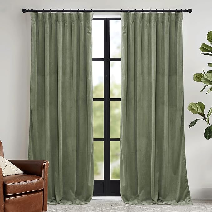 RYB HOME Sage Green Velvet Curtains 90 inches - Heavy Duty Back Tab Decorative Window Drapes Privacy Room Darkening Covering for Living Room Bedroom, 52 inch x 90 inches, 2 Panels Set