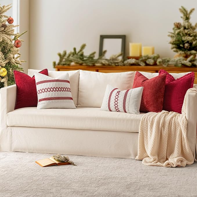 MIULEE Pack of 2 Christmas Pillow Covers 24x24 Inch Red Farmhouse Decorative Throw Pillow Covers with Stitched Edge Soft Chenille Solid Dyed Couch Pillow Covers for Sofa Bed Living Room