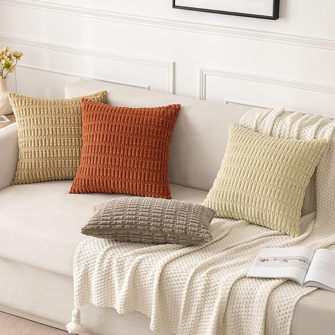 MIULEE Pack of 2 Corduroy Decorative Throw Pillow Covers 18x18 Inch Soft Boho Striped Pillow Covers Modern Farmhouse Home Decor for Sofa Living Room Couch Bed Rust