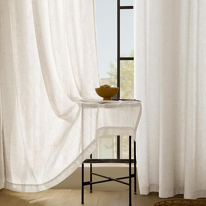 Cream Linen Curtains 72 inch Long 2 Panel Set for Living Room Back Tab Rod Pocket Semi Sheer Light Filtering Bedroom Window Curtain 72 inch Length Modern Farmhouse Neutral Ivory Linen Drapes 42x72
