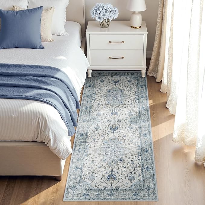 Area Rugs 2'x5' Runner Rug Non Slip Washable for Kitchen Hallway Bedroom Beside Laundry Room Bathroom Rug, Floor Carpet, Light Blue Navy Beige Gray White