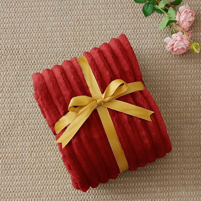 BEDELITE Fleece Throw Blanket for Couch - 300GSM Soft & Warm Fluffy Burgundy Blanket, Decorative and Giftable Striped Blankets for Women, Men, 50"x60"