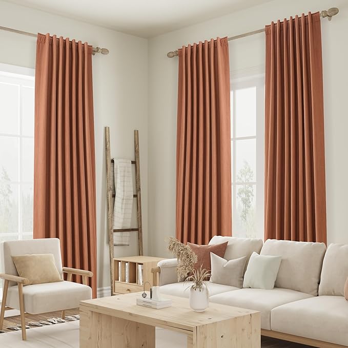 Guken Terracotta 100% Blackout Curtains 84 Inch Length 2 Panels Set Fall Curtains for Living Room Bedroom Back Tab Thermal Insulated Black Out Linen Drapes，52x84