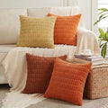Fancy Homi Set of 4 Burnt Orange Fall Decorative Throw Pillow Covers 18x18 Inch for Couch Bed Chair, Modern Farmhouse Boho Room Decor, Soft Fuzzy Corduroy Textured Striped Cushion Case 45cm