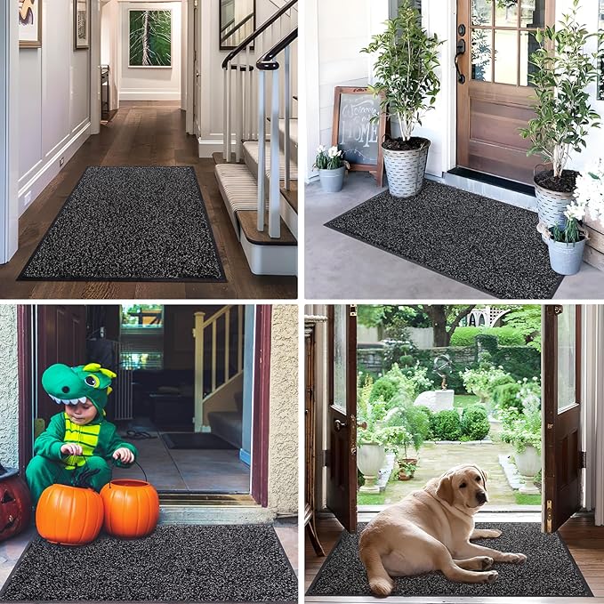 Mibao Front Door Mat, Dirt Trapper Welcome Mat for Outdoor Indoor, Non-Slip Waterproof Doormat, Durable Machine Washable Low Profile Entry Rug for Back Door Outside Patio Porch, 36" x 24", Black