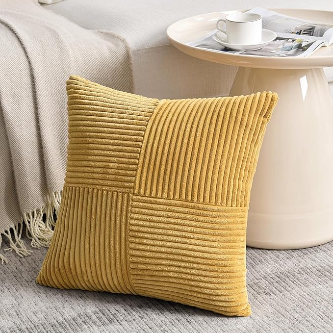 Fancy Homi 2 Packs Mustard Yellow Decorative Throw Pillow Covers 16x16 Inch for Living Room Couch Bed, Rustic Farmhouse Boho Home Decor, Soft Corss Patchwork Corduroy Textured Cushion Case 40x40 cm