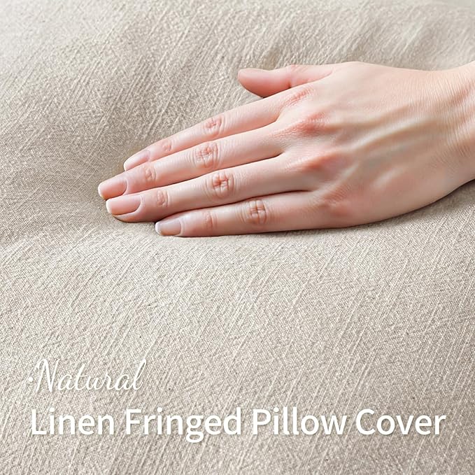MIULEE Decorative Throw Pillow Covers Neutral Linen Fringe Throw Pillows Euro Shams Set of 2 Natural Beige Boho Farmhouse Cushion Covers for Couch Sofa Bed Living Room Spring Home Decor 22x22 Inch