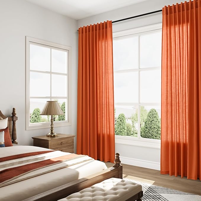 Bright Orange Linen Curtains 90 Inch Long 2 Panels Set for Bedroom Living Room, Soft Linen Textured Window Drapes Semi Sheer Light Filtering Rod Pocket Back Tab Morden Style 52x90