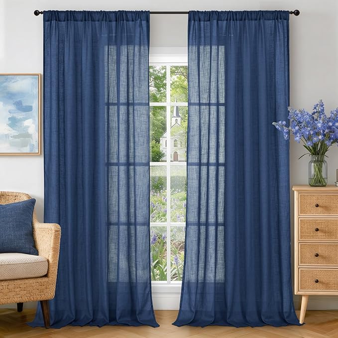 BGment Navy Blue Linen Curtains 84 Inch Length for Living Room, Semi Sheer Window Drapes Light Filtering for Bedroom Dining Decorative with Rod Pocket Lightweight, 2 Panels Set, Each 52 Inch Wide