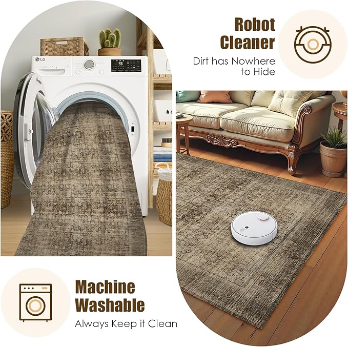 Washable Area Rug 3' x 5 ' Vintage Traditional Persian Mat - Foldable Distressed Non-Slip Machine Washable Carpet for Living Room Bedroom Kitchen Home Decor - Mocha and Taupe