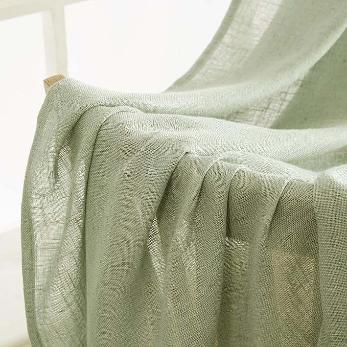 MIULEE Sage Green Linen Curtains 100 Inch Length 2 Panels for Bedroom Living Room, Soft Thick Linen Textured Window Drapes Semi Sheer Light Filtering Back Tab Rod Pocket Burlap Look Decor
