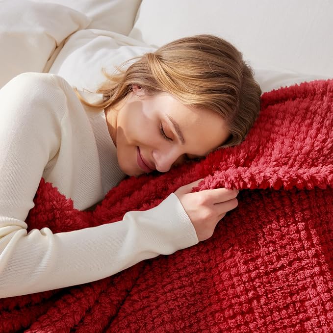 Whale Flotilla Queen Size Fuzzy Fleece Blanket for Bed, 90x90 Inch Fluffy Warm Soft Jacquard Blankets for All Season, Lightweight and Cozy, Red
