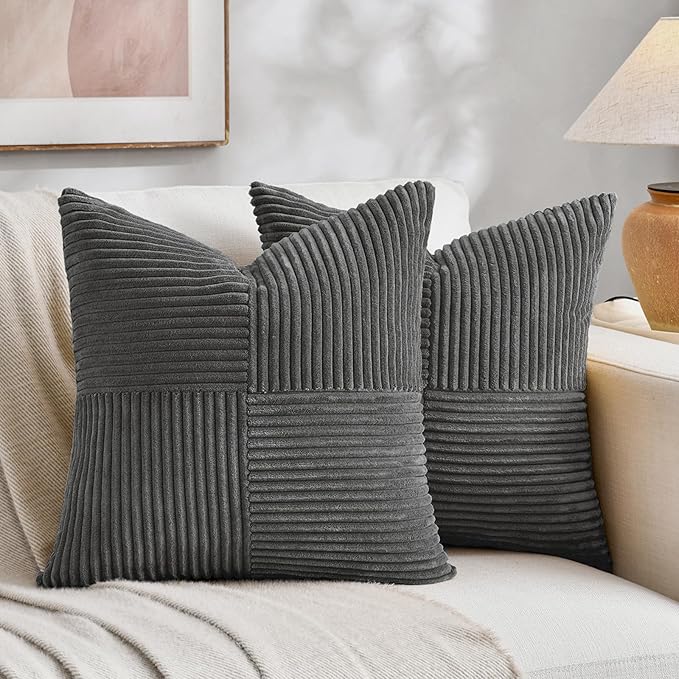 Fancy Homi 2 Packs Dark Gray Big Decorative Throw Pillow Covers 24x24 Inch for Couch Bed Sofa, Rustic Farmhouse Boho Home Decor, Soft Corss Corduroy Patchwork Accent Square Cushion Case 60x60 cm