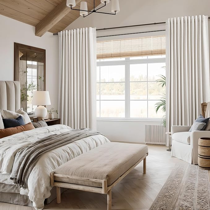 Beige White 100% Blackout Linen Curtains 108 Inch Length 2 Panels Set for Living Room Bedroom Back Tab Thermal Insulated Black Out Drapes Room Darkening Farmhouse Style for Bedroom Window Curtains