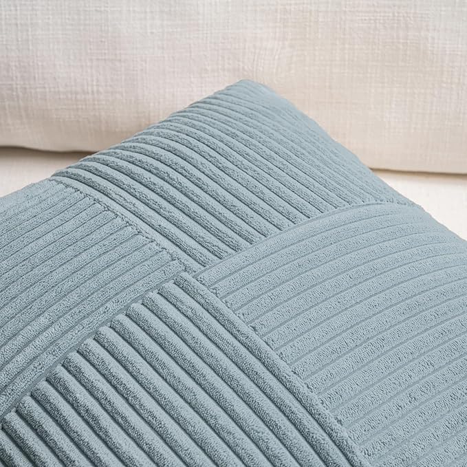 Fancy Homi Set of 2 Light Blue Decorative Throw Pillow Covers 20x20 Inch for Living Room Couch Bed Sofa, Farmhouse Boho Home Decor, Soft Cross Corduroy Patchwork Accent Square Cushion Case 50x50 cm