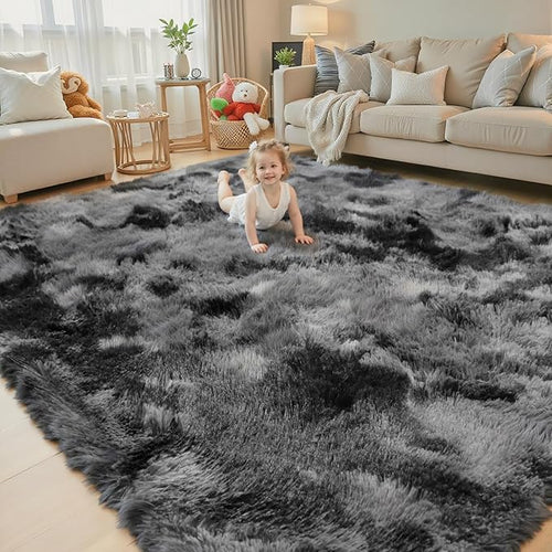 Area Rugs 9x12 Living Room, Large Area Rug Shag Shaggy Carpet Soft Plush Furry Bedside Rug, Machine Washable Area Rugs for Bedroom Kids Girls Boys Anti Slip(9 x 12, Dark Grey Tie-Dyed)