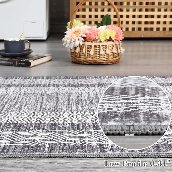GarveeHome Modern Geometric Area Rug 2x3 Distressed Bordered Washable Non Slip Floor Small Carpet Non Shedding Thin Soft Low Pile Rug, Contemporary Gray Rug for Dining Room, Living Room