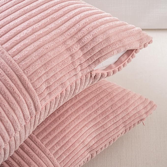 Fancy Homi 2 Packs Blush Pink Lumbar Decorative Throw Pillow Covers 14x22 Inch for Living Room Couch Bed, Rustic Farmhouse Boho Home Decor, Soft Striped Corduroy Rectangle Accent Cushion Case 35x55 cm