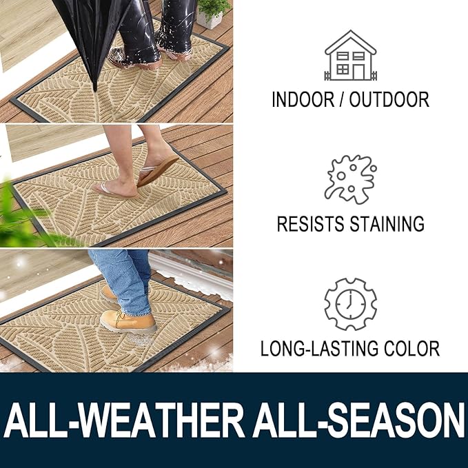 Colorxy Waterproof Doormat, Sturdy Natural Rubber Front Indoor Mat, Non Slip Low Profile Indoor Outdoor Door Mats, Stain and Fade Resistant Floor Mat, Easy Clean Patio Entrance Mat, 71''x23'', Beige