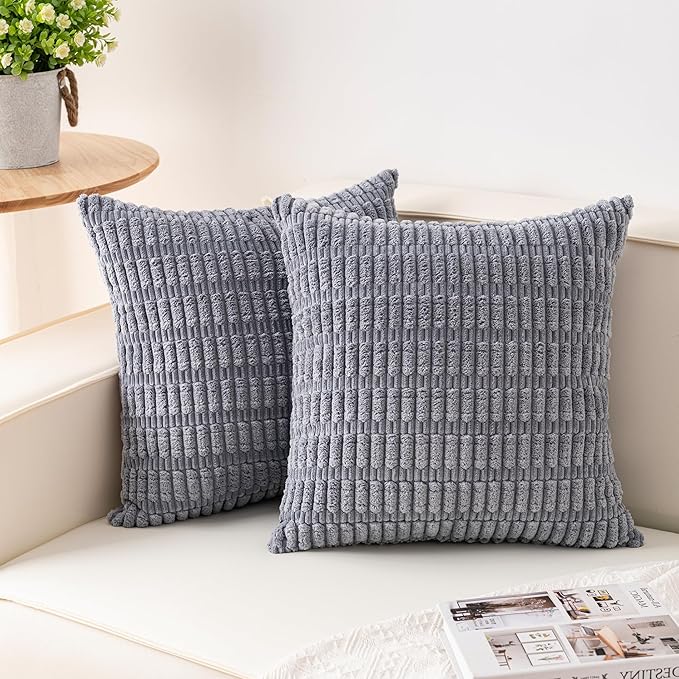 Pack of 2 Corduroy Decorative Throw Pillow Covers 24x24 InchSoft Striped Pillow Covers Modern Farmhouse Home Decor for Sofa Living Room Couch Bed（Light Grey）