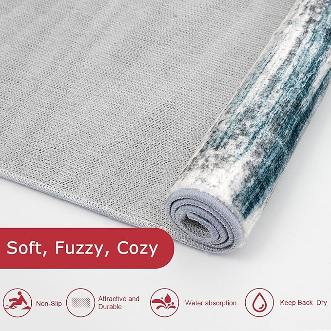 KOZYFLY Area Rug 9x12 Modern Ombre Living Room Rug, Washable Large Thin Rugs Non-Slip Soft Striped Rug for Bedroom, Print Blue Abstract Carpet for Laundry/Kid Room