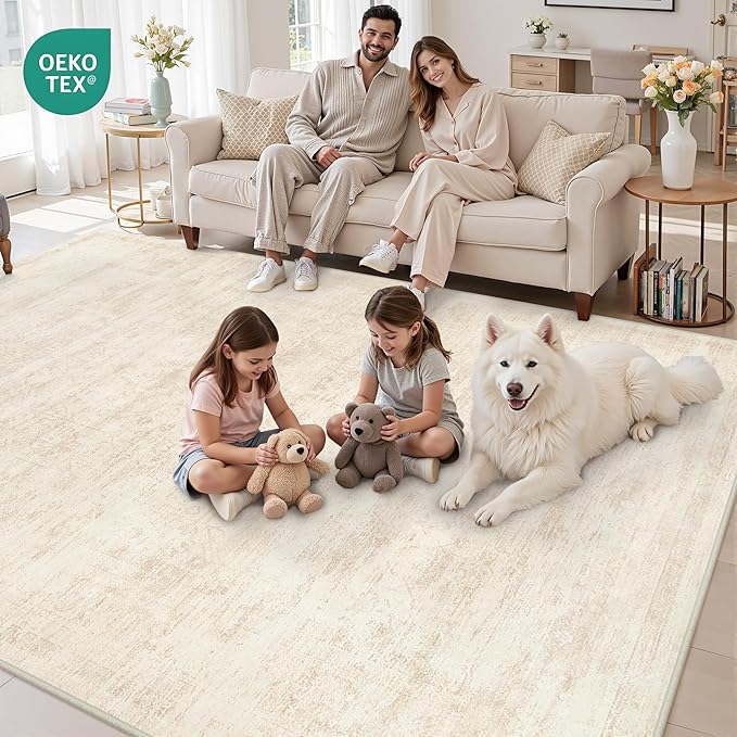 8x10 Area Rugs for Living Room: Vintage Boho Neutral Washable Rug Indoor Soft Large Area Rug Carpet for Bedroom Nursery Farmhouse Dining Room Office Floor Non-Slip Low Pile Under Table Rug Retro Beige