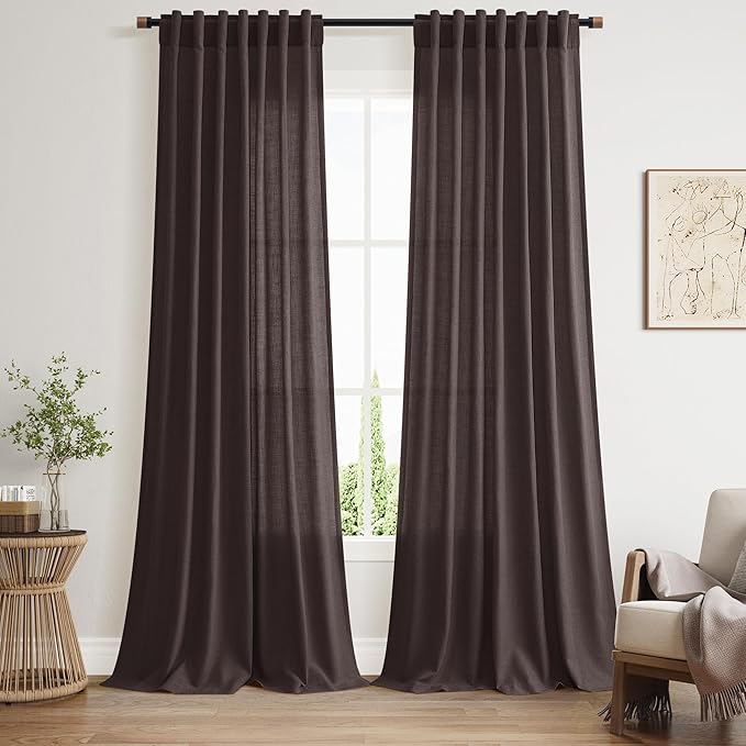 Extra Long Curtain Cocoa Coffee Morden Linen Blend Light Filtering Back Tab Curtains for Long Winodws 120 Inches Length, Semi Sheer Privacy Drapes for Living Room, 52x120 inch, 2 Panels
