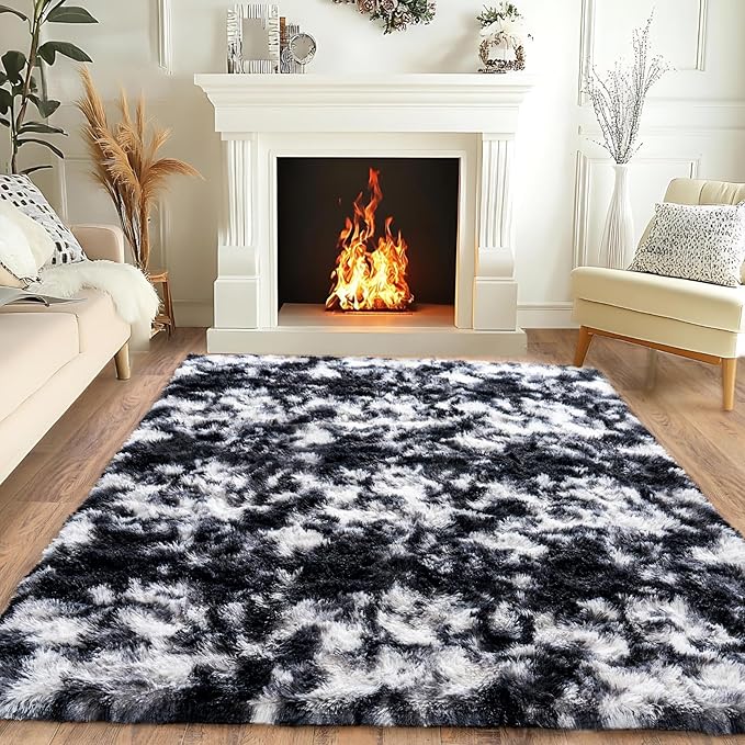 Pionblank Fluffy Area Rug for Bedroom 4x6 Feet, Indoor Plush Carpet, Shag Soft Bedside Rug, Cute Comfy Furry Rug for Living Room Dorm Girls Boys Room Nursery Decor, Black White