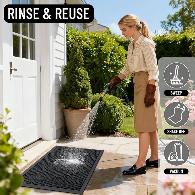 OLANLY Front Door Mat Outside Entrance 35x23, Absorbent, Heavy Duty Sturdy Natural Rubber Doormat Indoor Outdoor, Stain and Fade Resistant, Non-Slip Low Profile Floor Mat for Entryway, Black Diamond