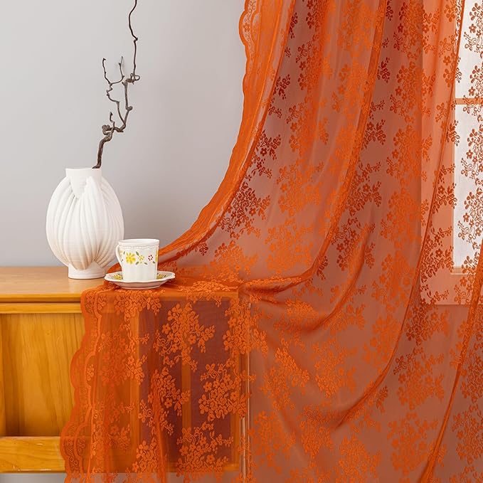 YJ YANJUN Vintage Lace Curtains 96 Inches Long- Rust Floral Terracotta Bay Window Curtains for Bedroom Living Room Rod Pocket Light Filtering 8 FT Farmhouse Boho Fall Decor 2 Panels 52Wx96L Orange
