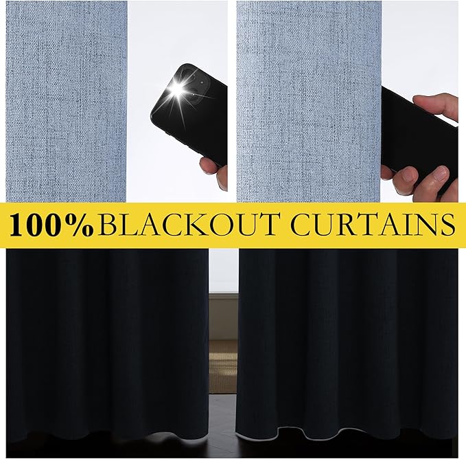 NICETOWN Stone Blue Vintage Linen 100% Blackout Curtains for Living Room, Thermal Insulated Curtains 84“ Long, Noise Reducing Window Treatment Drapes for Hall Room, 52" Wide Per Panel, Set of 2