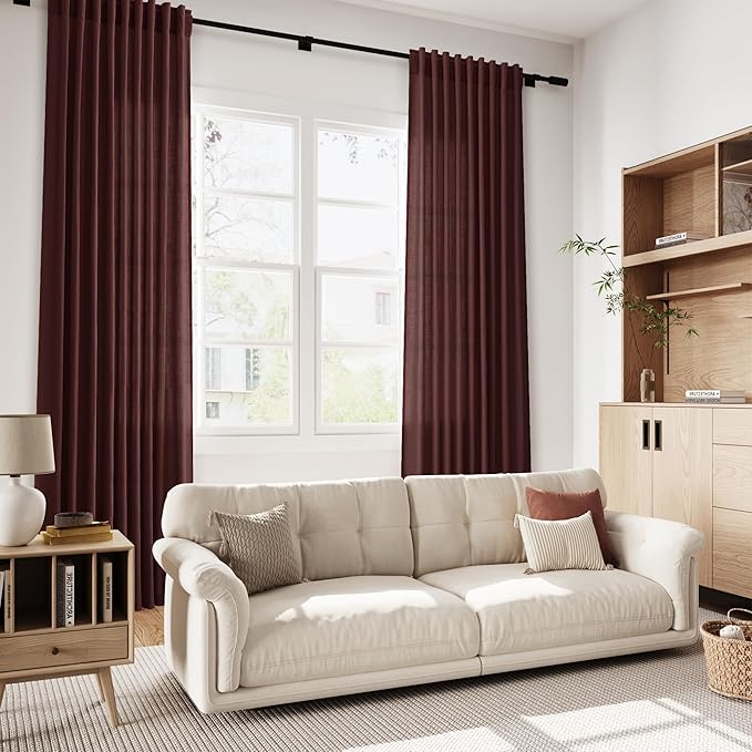 Nanspring Reddish Brown Linen Blend Light Filtering Back Tab Curtains 108 Inches Long, Semi Sheer Privacy Drapes for Living Room & Bedroom, 52x108 inch, 2 Panels
