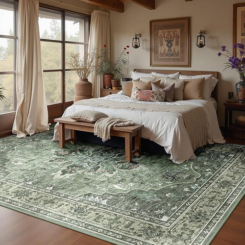 Area Rugs 10'x12' Washable Non-Slip, Floral Vintage Distress Print Pattern Medallion Carpet for Living Room Bedroom Dining Room, Dark Green Gray