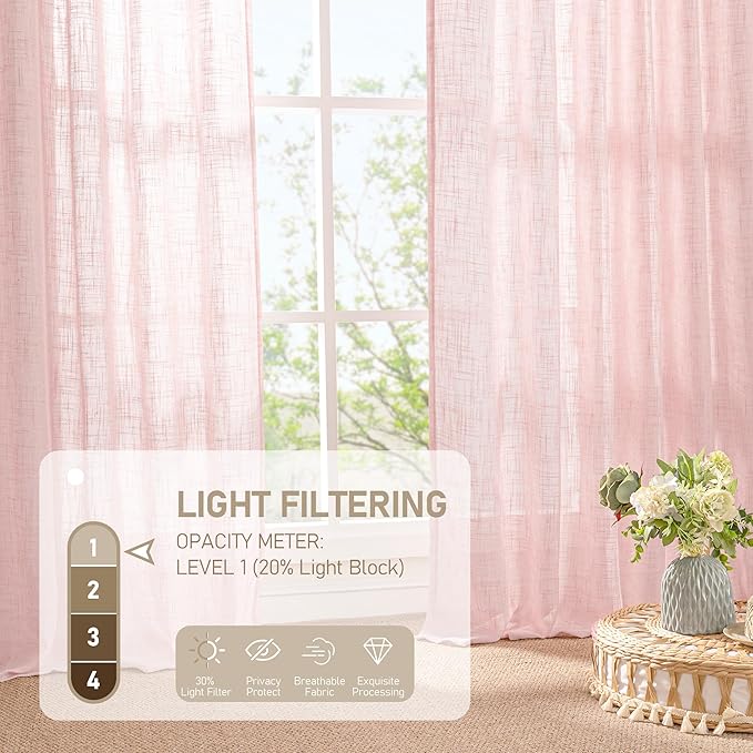 LAMIT Linen Curtains 90 Inch for Living Room, Back Tab and Rod Pocket Linen Textured Farmhouse Curtains Light Filtering Drapes for Bedroom/Dining Room, Pink, Set of 2, 52 x 90 Inch