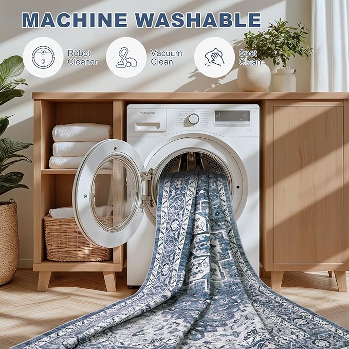 Hallway Runner Rug Non Slip - Washable 2.6x8 Kitchen Rugs for Living Room, Low-Pile Soft Bedroom Rug Indoor Floor Stain Resistant Carpets for Entryway, Laundry, Bathroom Blue
