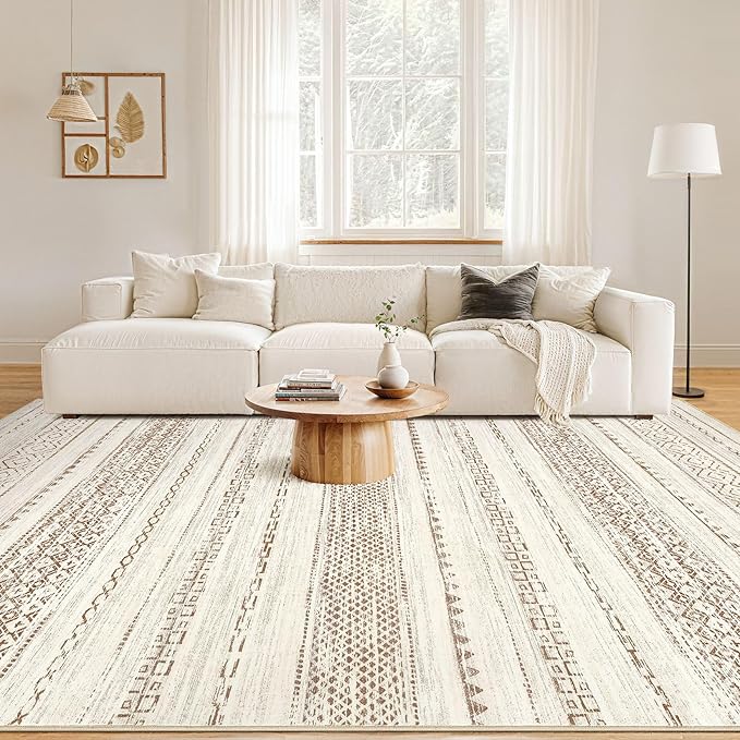 Nakagishi 10x12 Area Rug Living Room: Washable Boho Large Neutral Modern Soft Farmhouse Rugs Stain Resistant Indoor Floor Non-Slip Accent Carpet for Bedroom Nursery Kids Playroom Office Dining Room