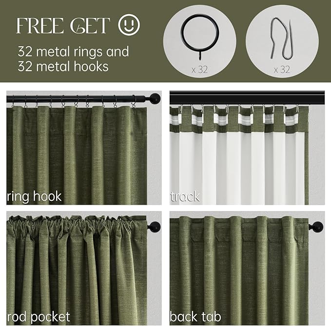 Topfinel Olive Green 63 Inch Long Linen Blackout Curtains 2 Panels Set Thermal Insulated Heat Blocking Curtain for 62-64 Inch Window Vintage Drapes for Bedroom Hooks&Rings&Back Tab (52W x 63L)